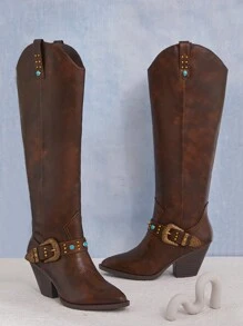 SHUZIA Giày bốt cao đến đầu gối màu nâu bán chạy nhất dành cho nữ có khóa cài cổ điển, điểm nhấn màu ngọc lam, kiểu dáng sang trọng, tinh nghịch, sang trọng. Quà tặng ngày lễ tình nhân năm mới Giày mùa hè Giày mùa xuân cho ngày lễ tình nhân - màu nâu - Xem 3