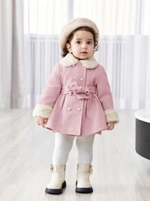 SHEIN Baby Girl Warm & Fashionable Furry Collar Mid-Length Belt Coat, Autumn/Winter Clothes - Multicolor - View 5