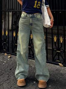 Women's Simple Front Button Pocket Wide Leg Casual Jeans