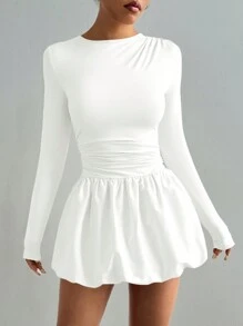 Flirla Women's Solid Color Round Neck Long Sleeve Ruched Simple Casual Skort