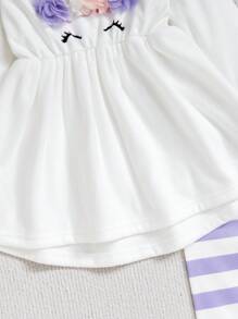 Baby Girls Set With 3D Unicorn Print Ruffle Top And Striped Pants, Autumn/Winter Outfit - Purple - View 3