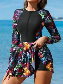 Swim Lushoire 女士热带印花拉链分体泳衣套装（含沙滩短裤），夏季海滩 - 彩色 - 查看 6