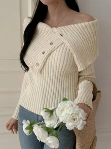 DAZY 1 Stück Damen Design Oversized Kragen asymmetrischer Knopfdekor Pullover, Herbstmode für Frauen - Beige - Übersicht 8