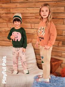 SHEIN 小男孩羊毛保暖圆领长袖图案运动衫和宽松图案运动裤 2 件套秋冬装 - 彩色 - 查看 4