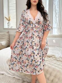 SHEIN Plus Size Lace Trim V-Neck Floral Pattern Sleep Dress, Cozy Outfit, Fall & Winter - Multicolor - View 5