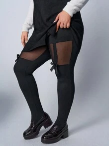 SHEIN PETITE CURVE 大码时尚透视网纱撞色蝴蝶结装饰黑色紧身裤，适合春季、情人节、狂欢节、派对、日常休闲、通勤、办公、毕业典礼等场合穿着。 - 黑色 - 查看 6