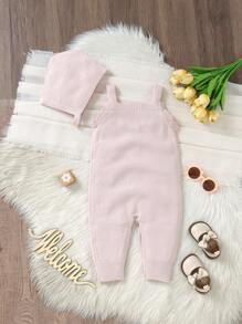 SHEIN Vintaside Kids 女宝宝乡村花卉刺绣甜美连体衣带围兜裤，2 件连体衣带精致帽子套装