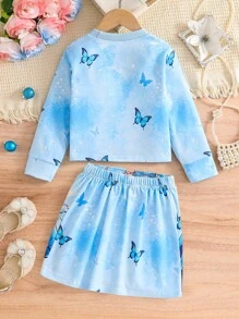 年轻女孩卡通印花圆领上衣和迷你裙套装，休闲秋季 - 藍色 - 查看 8