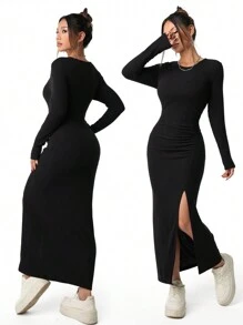 Elegant Casual Black High Slit Long Dress, Pleated Velvet Fabric, Suitable For Family Gathering, Autumn/Winter, Teenage Girls