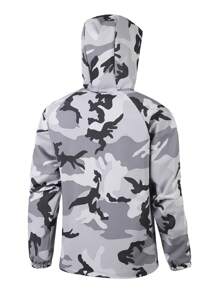 Manfinity Running Boyfriend Style Men Camouflage & Letter Print Raglan Sleeve Zip-Up Drawstring Hooded Sport Jacket - Light Grey - View 2