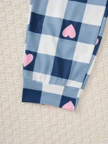 SHEIN Tween Girl Panda Print Crew Neck Long Sleeve Top And Plaid Pattern Pants Casual Comfortable Pajama Set - Blue and White - View 4