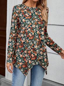 EMERY ROSE 女式休闲碎花不对称下摆 T 恤，秋季 - 彩色 - 查看 4