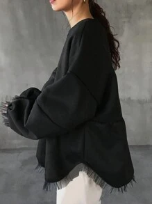 FRIFUL Sudadera holgada de manga larga con cuello redondo y hombros caídos, con paneles de malla y bajo con volantes, para otoño/invierno - Negro - Ver 7