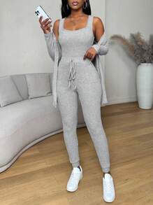 Zolique Bộ 3 áo ba lỗ cổ lọ dệt kim màu trơn thời trang xuân/thu cho nữ và quần - Xám - Xem 3