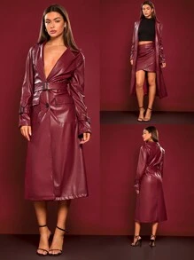 Glamine 女士 PU 皮革翻领立体包带腰长带，Ancora 红色时尚长款 PU 皮革风衣，适合日常约会、工作场所、办公室、圣诞节勃艮第、老钱风格、BAE - 紅色 - 查看 1