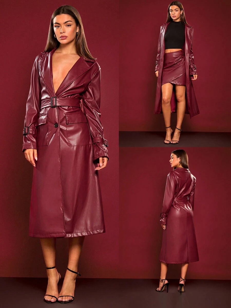 Glamine 女士 PU 皮革翻领立体包带腰长带，Ancora 红色时尚长款 PU 皮革风衣，适合日常约会、工作场所、办公室、圣诞节勃艮第、老钱风格、BAE - 紅色 - 查看 1