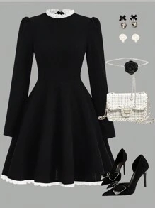 SHEIN Girlism 少女黑色复古蕾丝边优雅长袖迷你 A 字裙、派对裙、黑色连衣裙 - 黑色 - 查看 1