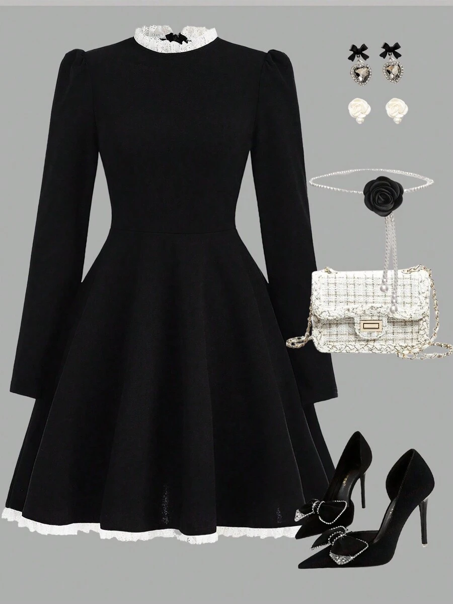 SHEIN Girlism 少女黑色复古蕾丝边优雅长袖迷你 A 字裙、派对裙、黑色连衣裙 - 黑色 - 查看 1