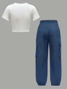 SHEIN 2 件套 Tween 女童圆领短袖字母印花休闲上衣和长裤 - 藍色 - 查看 2