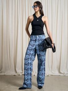 AiiRZ 波西米亚风全幅佩斯利印花宽松直筒牛仔裤 - 藍色 - 查看 5