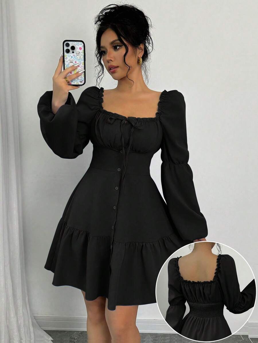 Rafferiza A-Line Square Collar Long Puff Sleeve Ruffle Hem Dress Fall Cloth For Women - Black - View 1