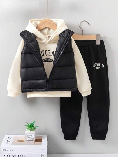 SHEIN Genkimix Kids 3pcs Young Boy Fashion Casual Warm Outfit Set: Thicken Sleeveless Vest, American Letter Hoodie Sweatshirt, Sports Casual Sweatpants, Autumn/Winter