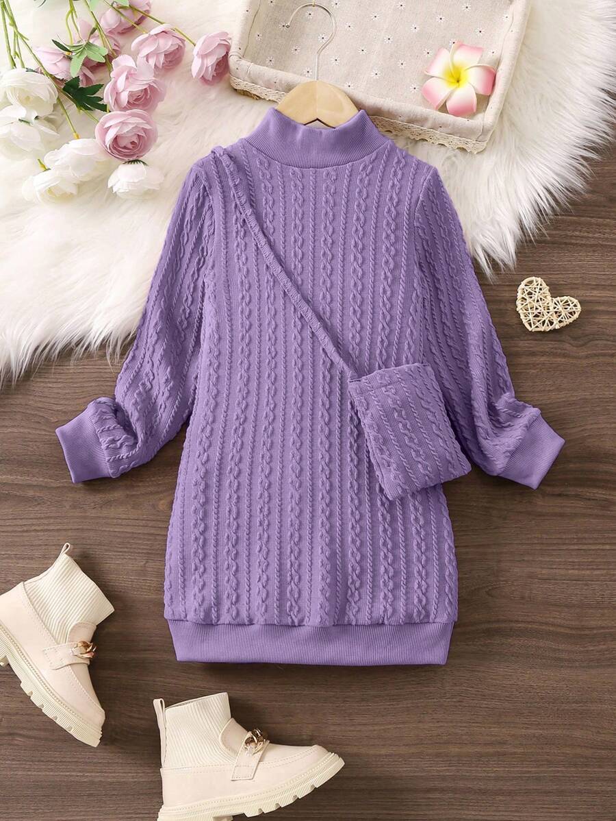 SHEIN 少女休闲百搭针织纹理斜挎长款卫衣。适合女孩在休闲场合穿着,适合春、秋、冬季节,展现休闲时尚的态度。 - 紫色 - 查看 1