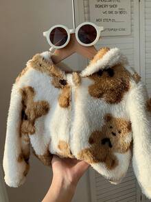 SHEIN 可爱舒适毛绒卡通熊印花连帽夹克，带熊耳朵，适合男婴/女婴，适合秋冬季室内外穿着 - 白色 - 查看 11