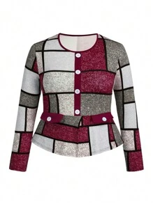 Maweii Plus Size 2pcs Set: Elegant Color Block Plaid Print Top And Solid Color Skirt, For Autumn Fall Cloth For Women - Burgundy - View 3