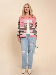 SHEIN LUNE Plus Size Geometric Pattern Patchwork Pink Shirt, Autumn/Winter Holiday - Multicolor - View 5