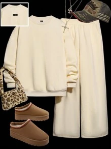 Muchica 女士秋冬基本款针织保暖内衬高领长袖宽松外出套装、两件套服装、运动服、保暖、女士两件套 - 杏色 - 查看 7