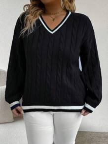 Vionelle Plus Size Women Striped V-Neck Long Sleeve Pullover Sweater, Autumn/Winter Knit Pullover Fall Outfit - Black - View 1