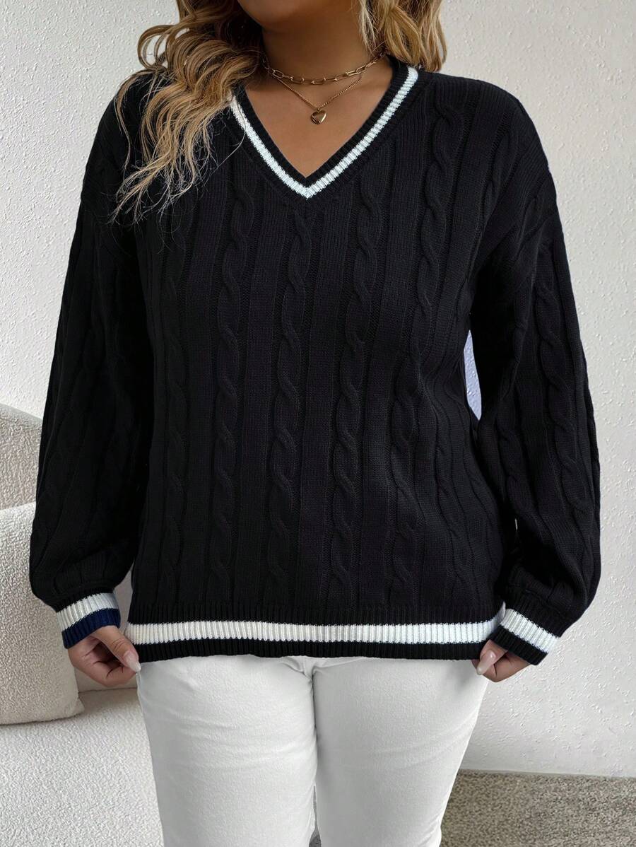 Vionelle Plus Size Women Striped V-Neck Long Sleeve Pullover Sweater, Autumn/Winter Knit Pullover Fall Outfit - Black - View 1