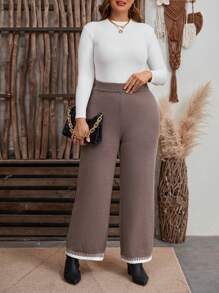 SHEIN LUNE Quần ống rộng lưng thun dệt kim màu khối cỡ lớn cho nữ, quần ống đứng thiết kế đơn giản cho mùa thu/đông - Nhiều màu - Xem 5