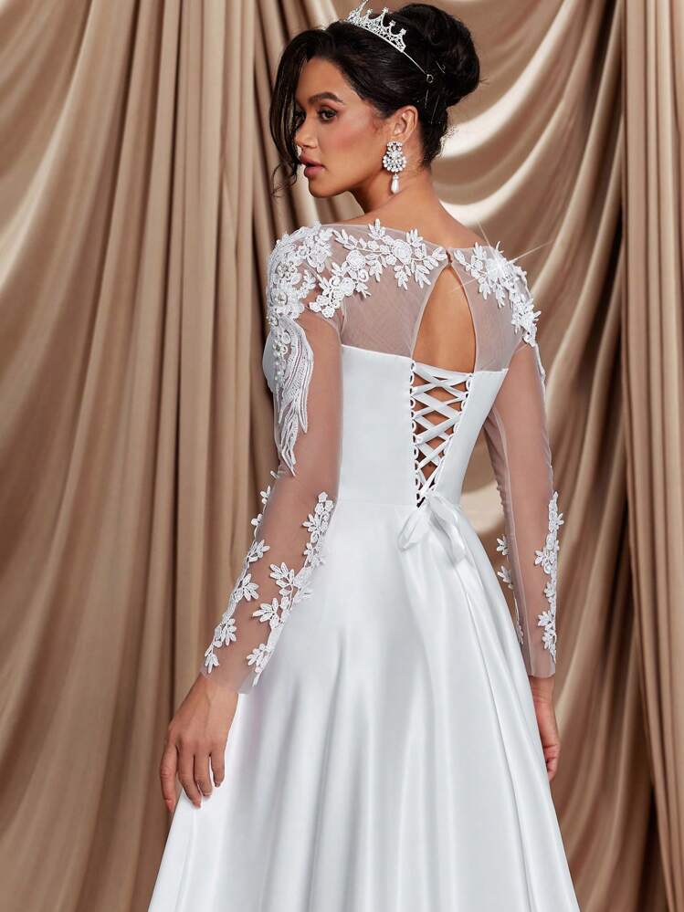 Glamrae Elegante, hermoso y lujoso vestido de novia de satén beige con mangas largas transparentes, bordado de cristales y perlas falsas, aplicaciones de encaje, volantes en el bajo y tren desmontable, adecuado para bodas, fiestas, vacaciones, vestidos de novia, novia, para el Día de San Valentín - Beis - Añade 5