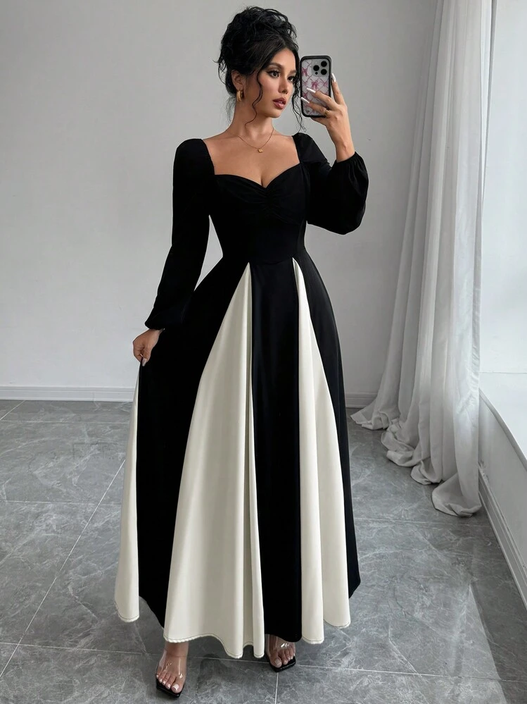 black and white dress near me Rafferiza Contrast Color Elegant Patchwork Long Sleeve Maxi Women Outfit fitted darted bodice Skater Maxi Dress Black White
