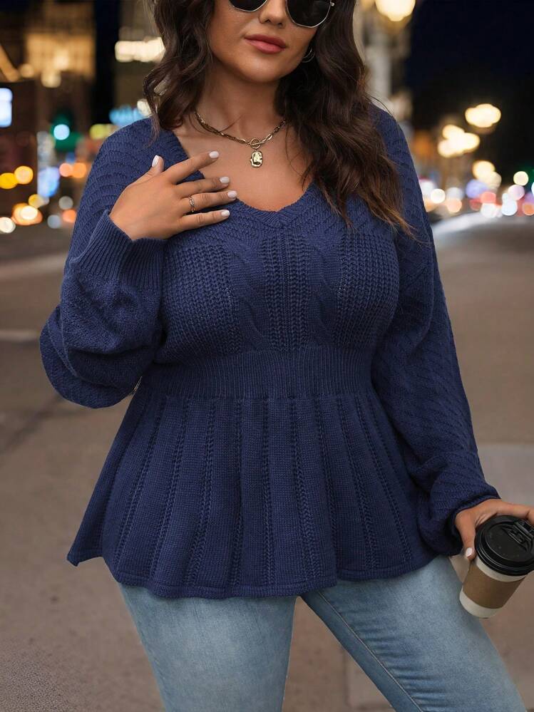 SHEIN LUNE Plus Size Women's Solid Color V-Neck Long Sleeve Ruffled Hem Casual Pullover Sweater Knit Pullover Fall Winter - Navy Blue - View 1
