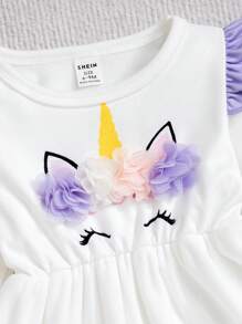 Baby Girls Set With 3D Unicorn Print Ruffle Top And Striped Pants, Autumn/Winter Outfit - Purple - View 5
