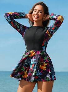 Swim Lushoire 女士热带印花拉链分体泳衣套装（含沙滩短裤），夏季海滩 - 彩色 - 查看 3