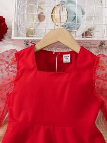 SHEIN 年轻女孩优雅波尔卡圆点透明泡泡袖收腰连衣裙，适合春、夏、秋季 - 紅色 - 查看 3