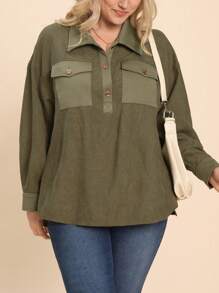 SHEIN LUNE Camisa de manga larga con botones y bolsillos de unicolor para mujer talla grande, top de invierno verde para vacaciones - Verde - Ver 6