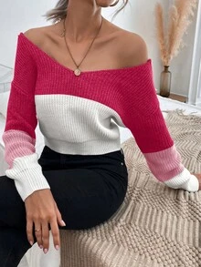 Chiquease 女士休闲优雅拼色扭纹露肩毛衣，秋冬款 - 彩色 - 查看 6