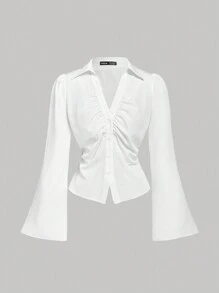 SHEIN MOD 女式 V 领荷叶边喇叭袖衬衫，收腰，黑色长袖衬衫，女巫服装，纽扣衬衫，音乐会女装，服装，机场女装 - 白色 - 查看 1