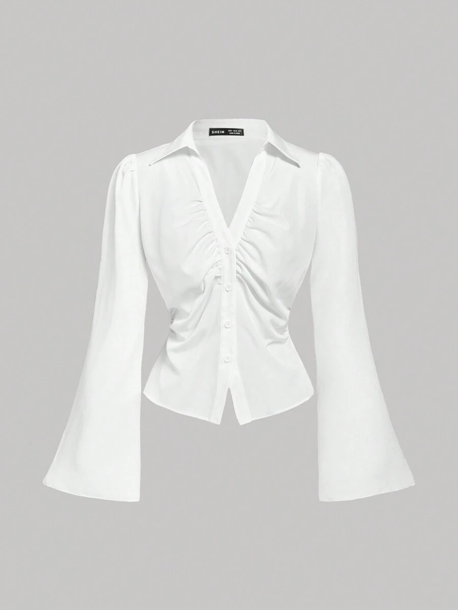 SHEIN MOD 女式 V 领荷叶边喇叭袖衬衫，收腰，黑色长袖衬衫，女巫服装，纽扣衬衫，音乐会女装，服装，机场女装 - 白色 - 查看 1
