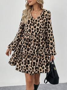 SHEIN LUNE Vestido casual, elegante y para la oficina con cuello en V, mangas abultadas, mangas farol, bajo multicapa en forma de paraguas y estampado de leopardo vintage para mujeres, otoño/invierno - Multicolor - Ver 4