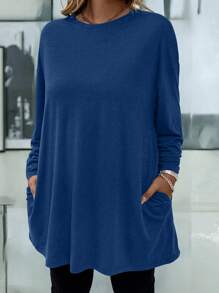Camiseta casual de manga larga con cuello redondo y hombros caídos, de unicolor, para mujer de talla grande, otoño - Azul - Ver 1