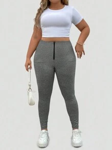 Flirla Quần legging cạp thấp đơn giản cho hoạt động giải trí cỡ lớn, mặc thường ngày - Xám - Xem 3