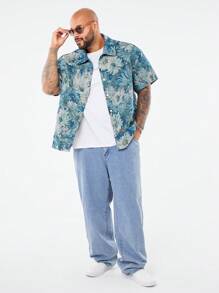 Manfinity VCAY Áo sơ mi nam tay ngắn họa tiết hoa màu xanh dệt khối màu rộng rãi, thường ngày, dành cho đi chơi - Màu xanh lam - Xem 4