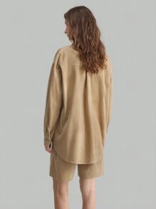 Ontre 2 pièces Ensemble chemise et shorts en velours côtelé en coton pour femmes, tenue casual, automne/hiver - Kaki - Voir 5