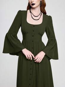 ROMWE Goth Đầm tay loe cổ chữ U màu trơn thanh lịch dành cho nữ - Màu xanh lá cây đậm - Xem 2